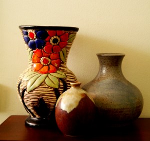 A collection of vases; the vase on the left was made in Japan and bought in Tanunda, South Australia